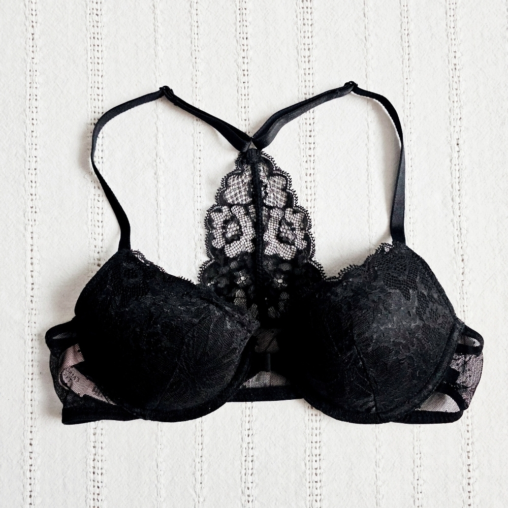 Victoria's Secret Lightly Lined Demi Bra Racerback Black Lace Front Clasp 34B